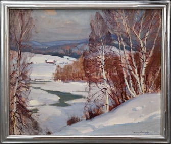 Emile Gruppe (1896-1978) oil on canvas, winter scene, Bend in the River, Vermont, Memorial Art
