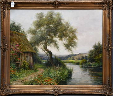 Louis Aston Knight (American, 1873-1948) summer cottage river scene, oil on canvas, signed lower: Louis Aston Knight (American, 1873-1948) summer cottage river scene, oil on canvas, signed lower left, 25 3/4" x 32" canvas, 32" x 38" overall