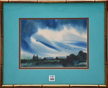 PAUL HORIUCHI (1906-1999) watercolor on paper, farm, signed lower right, approx. 8 1/2" x 11 1/2": PAUL HORIUCHI (1906-1999) watercolor on paper, farm, signed lower right, approx. 8 1/2" x 11 1/2" sight, approx. 15 1/2" x 18 1/2" overall