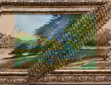 Enrico Vizzotto Alberti (Italy 1880 - 1976) oil on canvas,  Women Resting near a River.