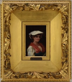 M Ramirez, oil on panel, portrait of young woman with hat, fancy guilt frame, Spanish School, 19th
