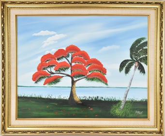 Highway-woman Doretha Hair.  Florida inlet Poinciana Tree, oil on Masonite 16 x 20 inches signed D.