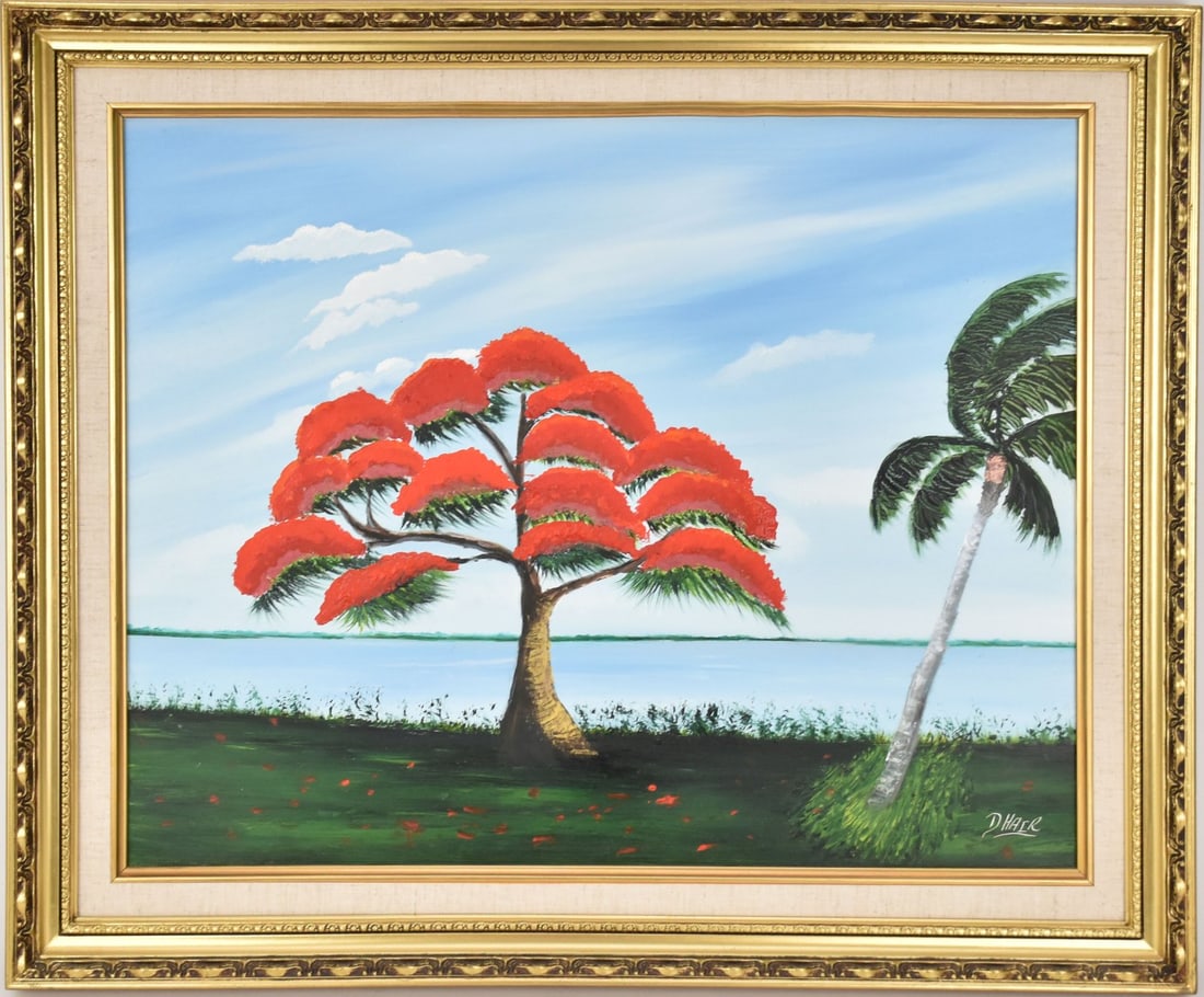 Highway-woman Doretha Hair. Florida inlet Poinciana Tree, oil on Masonite 16 x 20 inches signed D.: Highway-woman Doretha Hair. Florida inlet Poinciana Tree, oil on Masonite 16 x 20 inches signed D. Hair. Signed and dated 2014 revise.