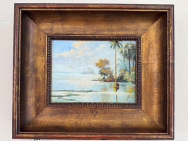 19th century Florida School, palm tree, initialed lower right M? , oil on board, 7" x 9 1/2"