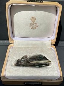 Russian carved stone mouse with silver tail and ruby eyes, stamped 84 and maker marks, 2.5 inches