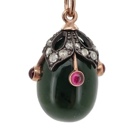 Vintage Imperial Faberge Era 14 K Rose Gold and Rose Cut Diamonds Nephrite Easter Egg Pendant. Total