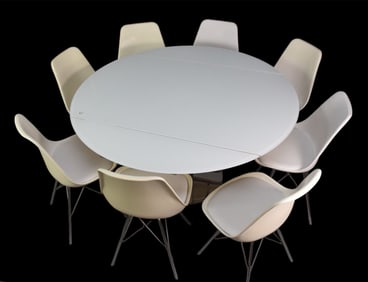 Tami Round White Glass Table with 2 (11") Motion Extensions on Chrome Pedestal  (29"h) Sold with 8