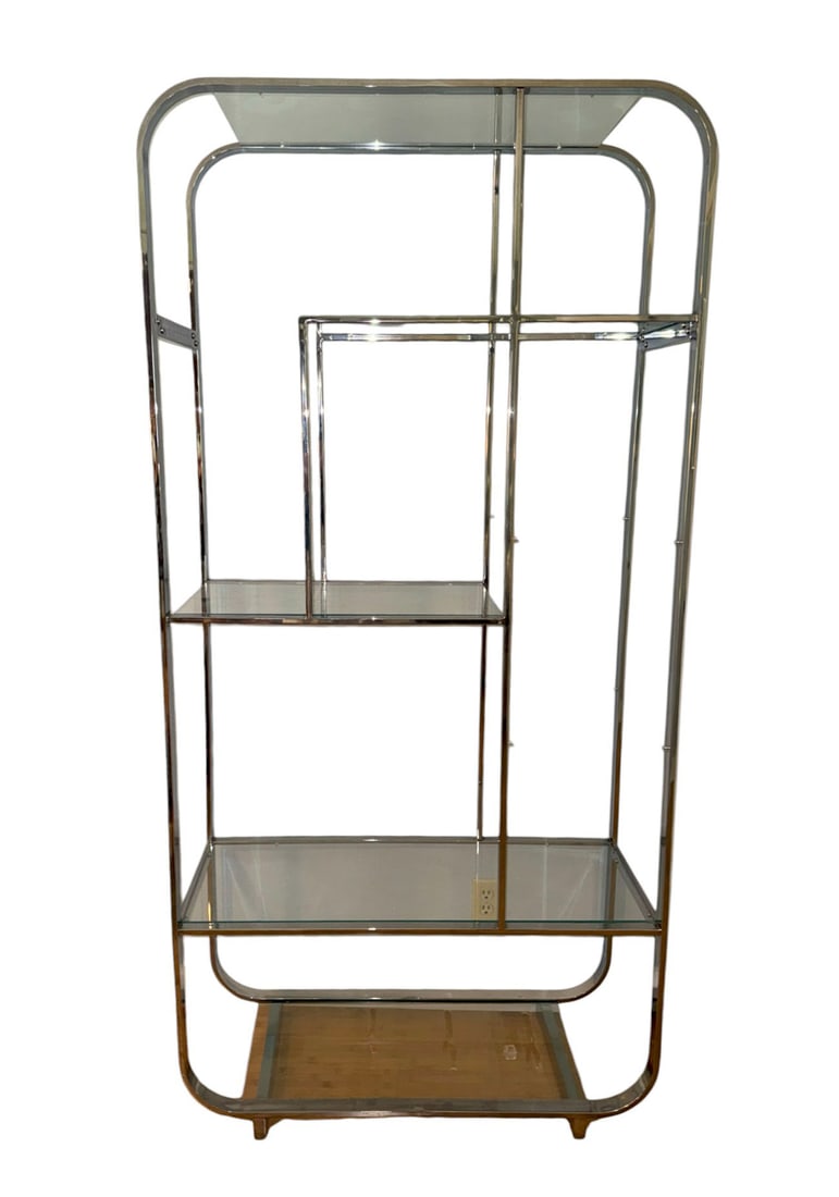 Modern Curved Chrome Etagere with 3 Glass Shelves, 77"h x 37"w x 16"d: Modern Curved Chrome Etagere with 3 Glass Shelves, 77"h x 37"w x 16"d