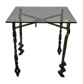 Giacometti Style Iron Side Table with Glass Top, 26 5/8" h x 27" x 27"