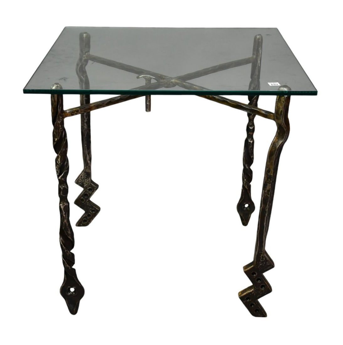 Giacometti Style Iron Side Table with Glass Top, 26 5/8" h x 27" x 27" (1 of 3)