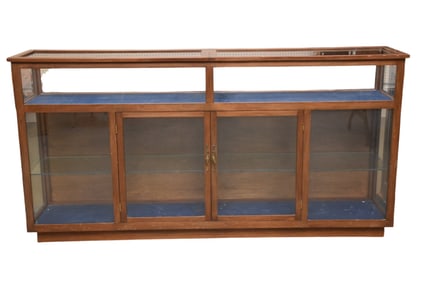 Display Cabinet, 2 Shelves Blue Velvet Fabric, Lighted with 2 Lift Hinged Panels over 23 Doors, 3