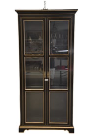 Large Lighted Display Cabinet, Black & Gold with 2 Doors and 5 Interior Shelves, 7'3" x 3'6" x 1'4"