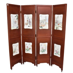 4 Panel Chinese Screen Each with 2 Porcelain Plaques, Floral Motifs & Landscapes, 6 Feet x 18"w Each