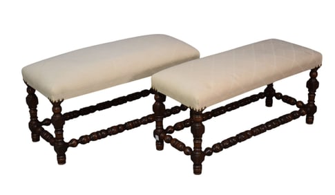 Pair Ivory Color Upholstered Benches with Spool Turned Frames