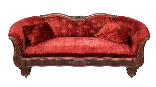 Victorian Antique Sofa Mahogany Frame Red Velvet Worn  Upholstery, 31"h x 73"w
