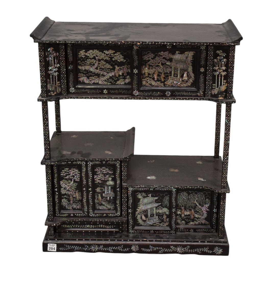 Japanese Lacquered Stand, Mother of Pearl Design, 25"h x 22"w x 11"d (1 of 5)