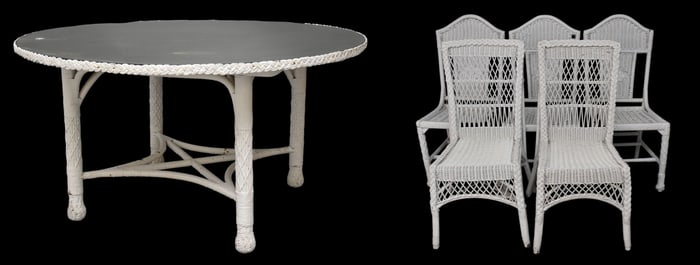 Wicker Lot, Round Mirrored Top Table (60"dia), 5 Chairs and 2 Occasional Table