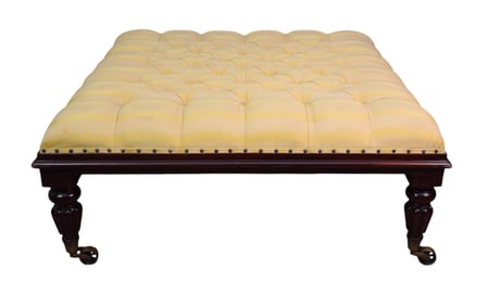 Oversized Tufted Upholstered Ottoman on Large Brass Castors, Approx. 12"h x 40"square