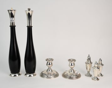 Sterling Lot, Pair Weighted Candlesticks (4 1/2"h), 3 Weighted Salt & Peppers, Pair Wood Salt &