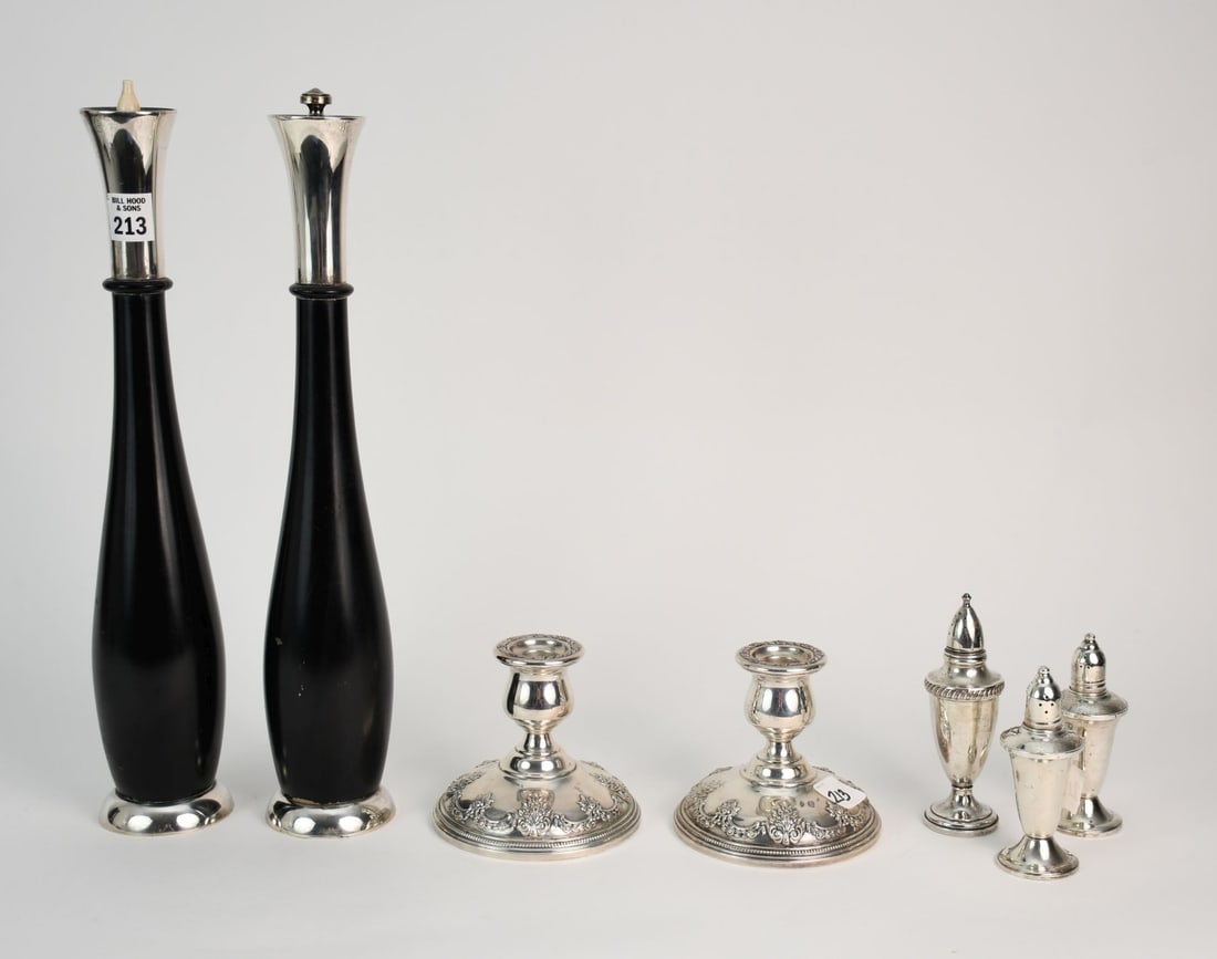 Sterling Lot, Pair Weighted Candlesticks (4 1/2"h), 3 Weighted Salt & Peppers, Pair Wood Salt & (1 of 11)