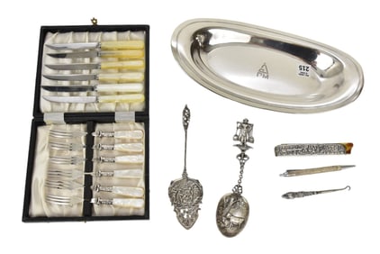 Sterling Silver Bread Tray with Monogram (10ozt), 2 Continental Spoons, prob "800", 3 Misc. "800"