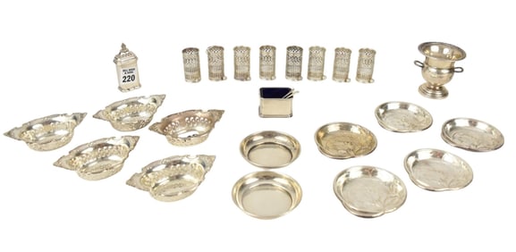 Sterling Lot Assorted Tablewares, 5 Nut Dishes, 6 Wallace Pin Trays with Flower, 8 Reticulated