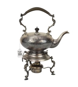 Sterling Tea Kettle with Burner, Foliate & Scroll Engraved Design, Monogram, 37ozt.