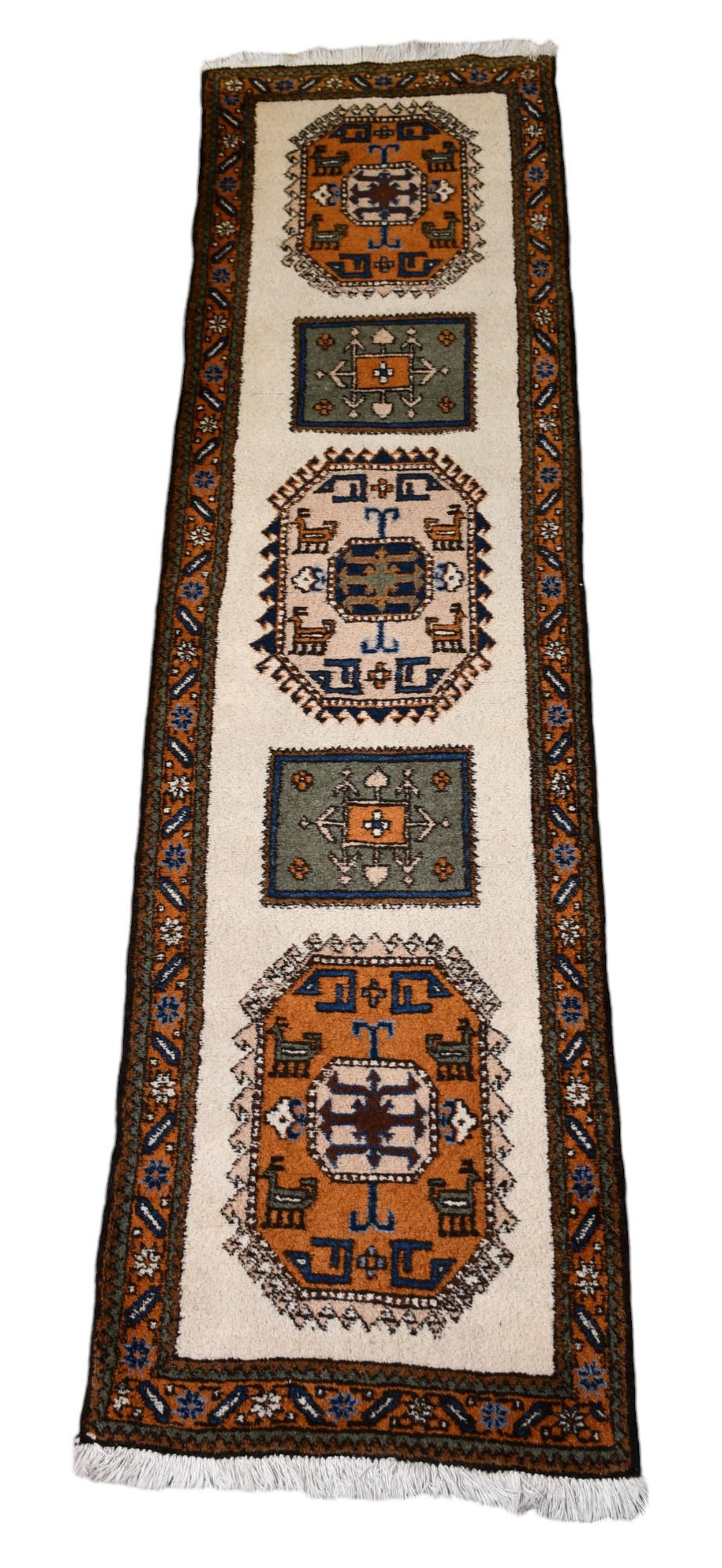 Persian Rug, handmade, runner, beige with 5 shape designs, 2.8 x 9ft (1 of 7)