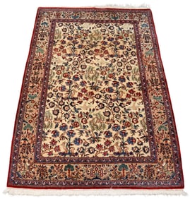 Rug with beige and red animals, blue and beige birds, 3.6 x 5.4ft