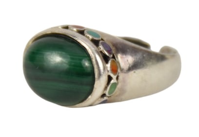 Sterling Silver Ring, Malachite Cabochon Stone & Smaller Colored Stone Surrounding, size 9
