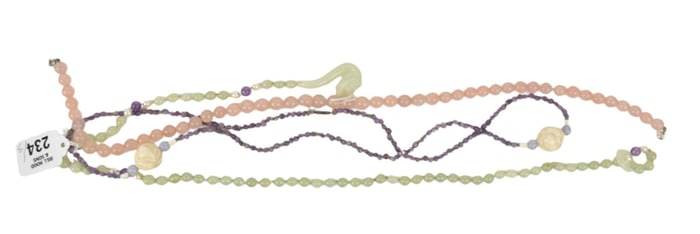 Jade Beads with Pearl & Amethyst Accents, Carved Jade Dragon Hook (28"L), Pink Quartz Necklace