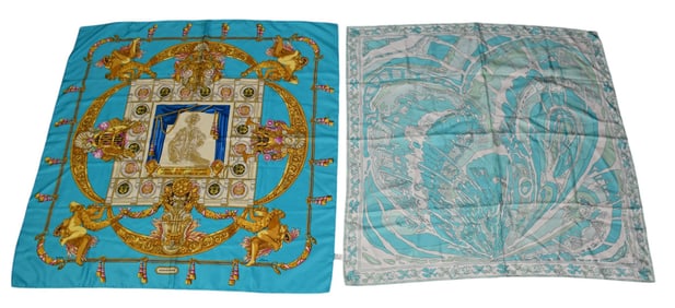 2 Silk Scarves, Vintage Hermes And Emilio Pucci