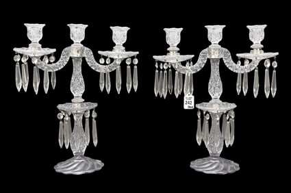 Pair American Glass Convertible Candelabras w/ Prisms - A pair of clear American glass candelabras,