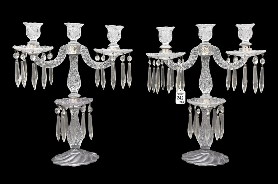 Pair American Glass Convertible Candelabras w/ Prisms - A pair of clear American glass candelabras, (1 of 8)