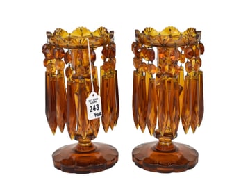 Pair Victorian Amber Cut Glass Mantle Lusters - A pair of amber-colored cut glass mantle lusters or