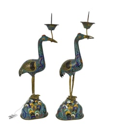 Pair Antique Chinese Cloisonne Crane Candle Holders - A pair of antique polychrome cloisonne over