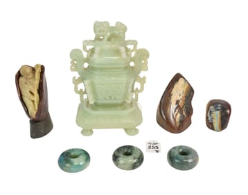 Group of Chinese Carved Stone Objects and Two Boulder Opal Specimens - A group of Chinese carved