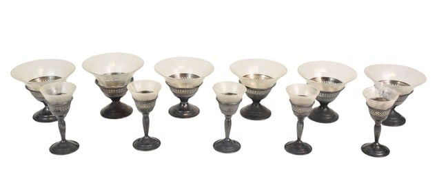11 Antique Elgin Sterling Silver Stemmed Cocktail Glasses - 11 American sterling stemmed, etched