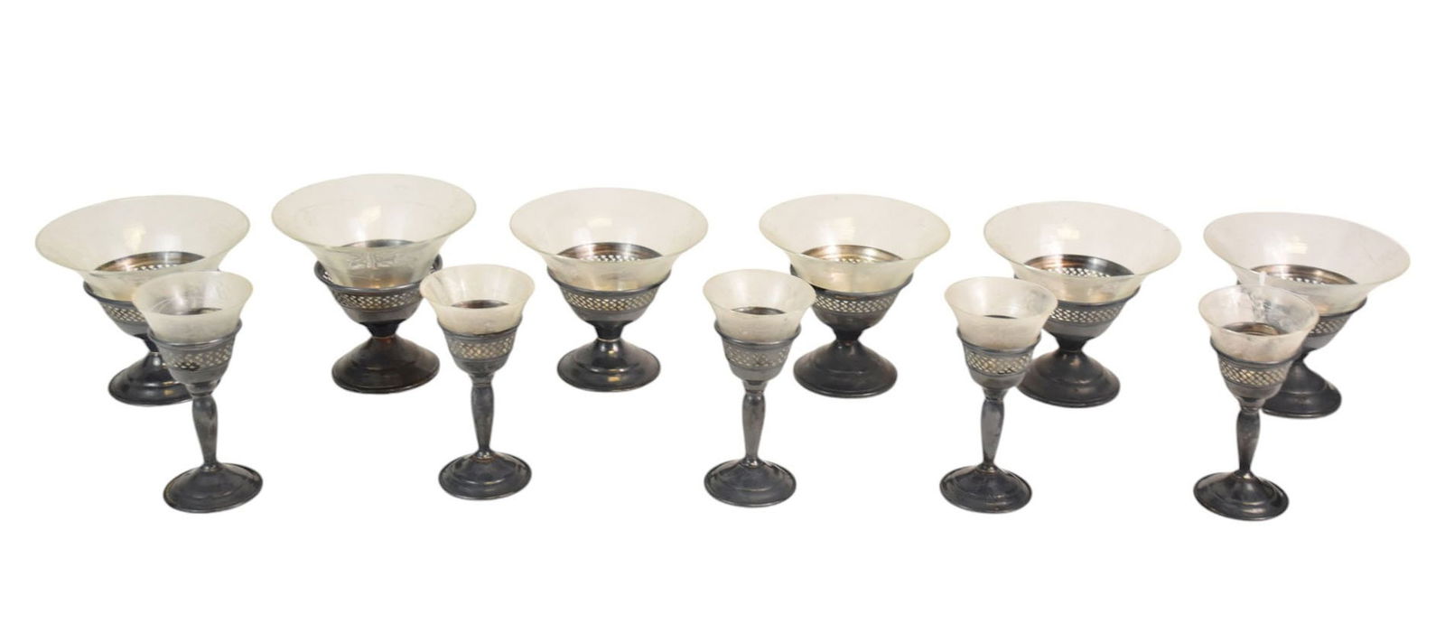 11 Antique Elgin Sterling Silver Stemmed Cocktail Glasses - 11 American sterling stemmed, etched (1 of 7)