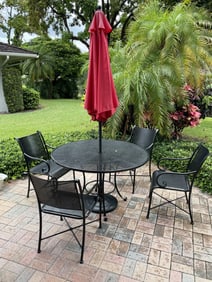 Patio Set, Table with Umbrella & 4 Chairs - Refinished in Jan 2024 with new powder coat. Condition: