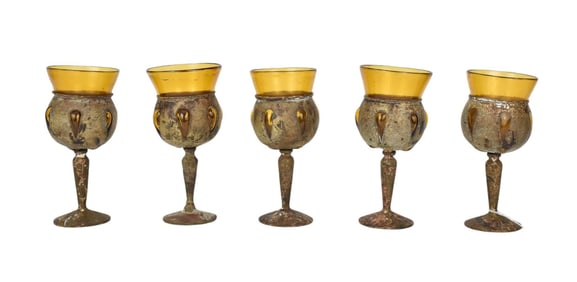 Set of 5 MCM Mexican Caged Stem Amber Glass Goblets, C. 1950 -  Probably Tlaquepaque, Jalisco,