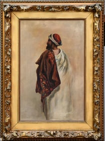19th century Moorish School, portrait of man with robe and coat, oil canvas, 20" x 13" canvas, 27" x