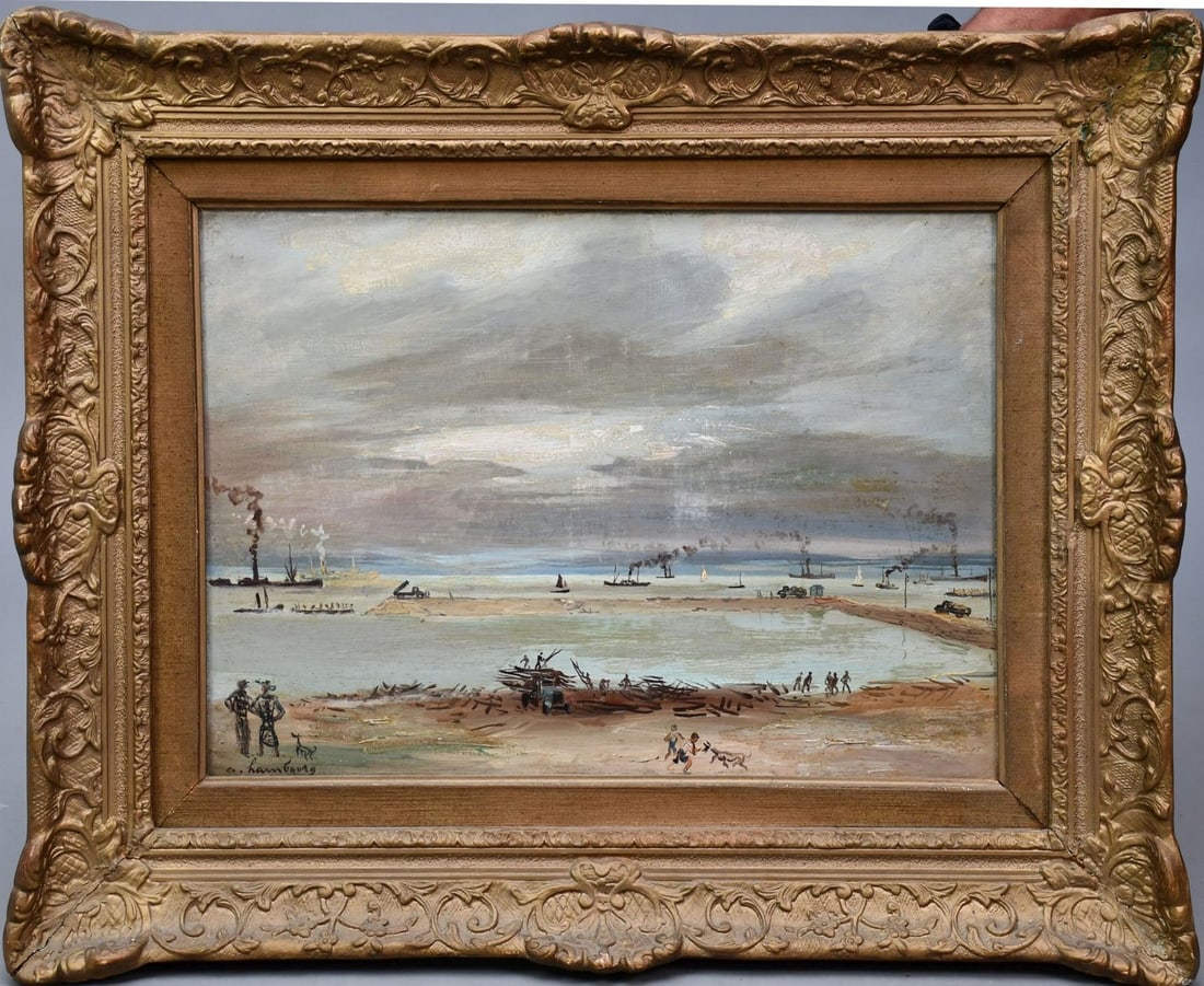 Andre Hambourg (French 1909 - 1999) oil on canvas, Harbor Scene, oil on canvas, canvas approx. 15 x (1 of 8)
