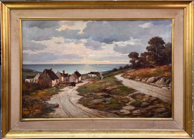 French School Fishing Village, oil on canvas painting, signed Veillet lower right. Painting size 24