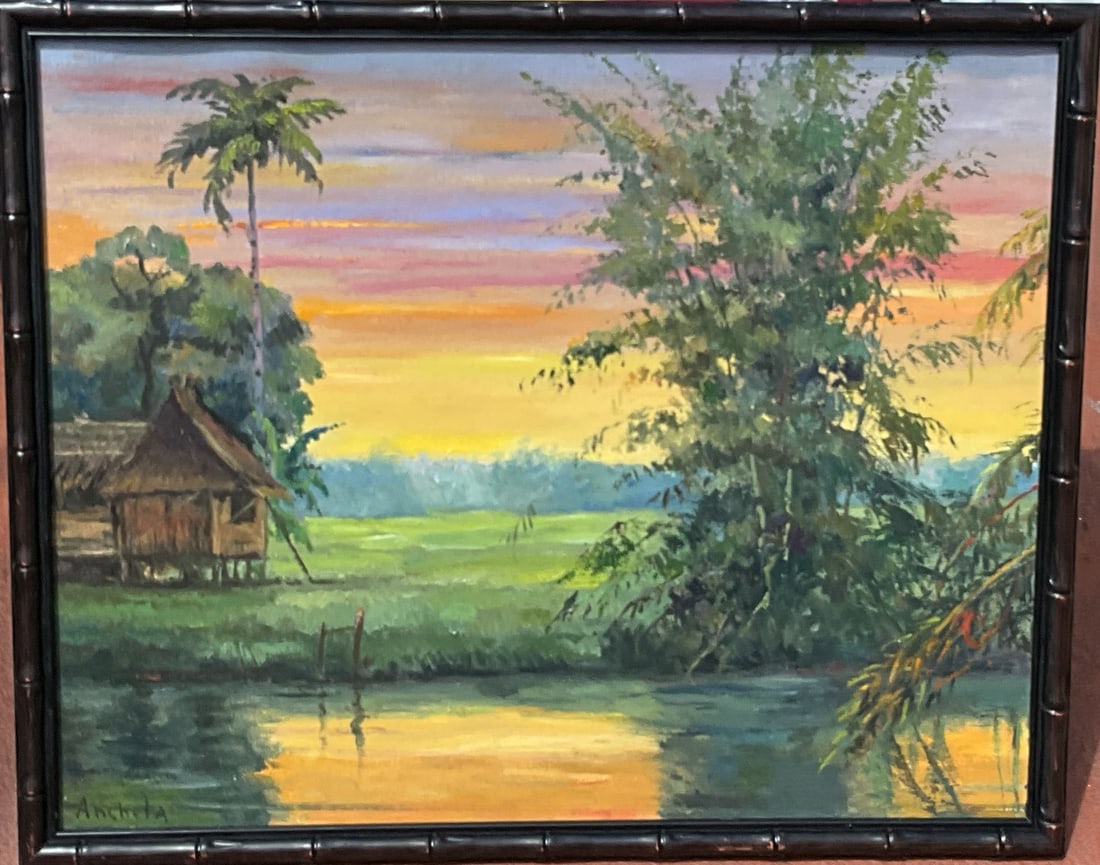 Isidro Ancheta (FILIPINO, 1882-1946) oil on canvas, Landscape River Scene, 24 x 30 inches (1 of 9)