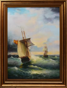 Attributed to: Ivan Aivazovsky (Russian 1817 - 1900) sailing in rough seas. 32 x 24 inches