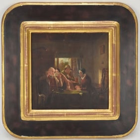19th Century English School, Interior Scene Playing cards, appears to be faint illegible signature