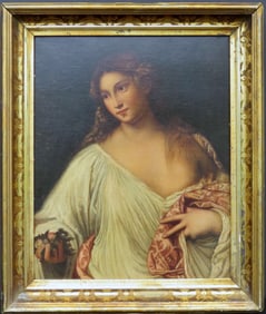 After TITIAN (Tiziano Vecellio,1488/90 -1576, Venice), Oil on Canvas, FLORA; an antique copy after