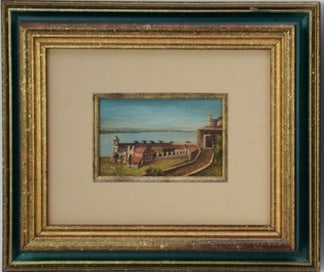 Jose Maria Velasco (Mexican, 1840-1912) oil on postcard of old Spanish Fort, signed lower left and