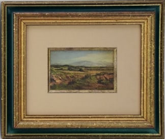 Jose Maria Velasco (Mexican, 1840-1912) mountain landscape with train in distance, signed lower